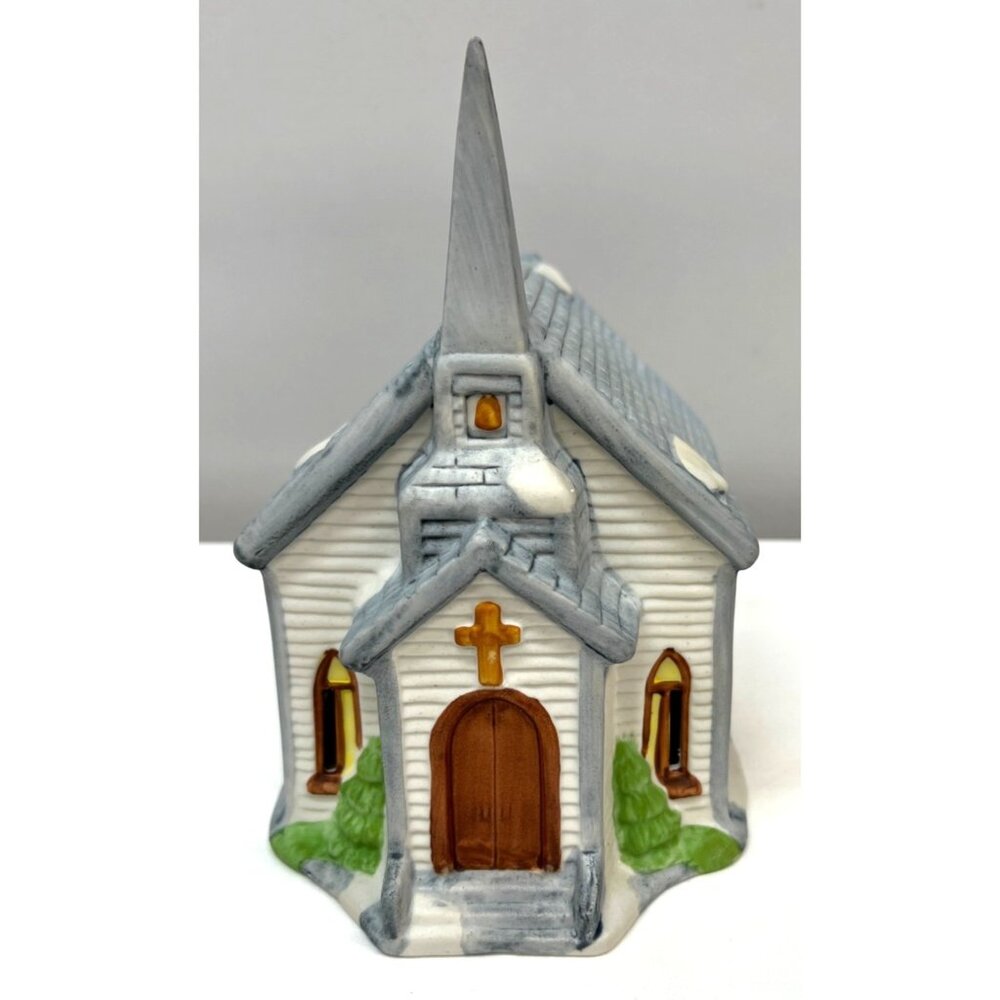 Vintage Americana Porcelain Collectible Church With Snowy Roof, With Light
